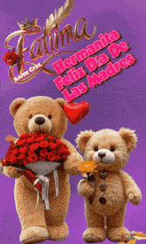 a teddy bear holding a bouquet of red roses next to another teddy bear holding a flower