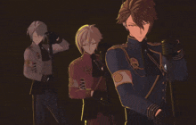 three anime characters standing next to each other with keys on their chests