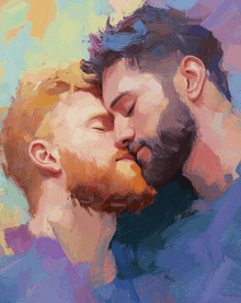 a painting of two men kissing each other on the forehead