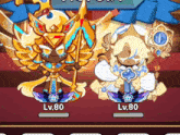 a couple of cartoon characters standing next to each other with one having lv.80 on it