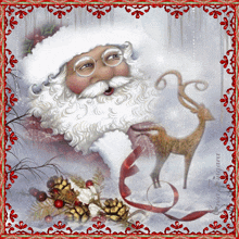 a picture of santa claus with a reindeer and a red ribbon