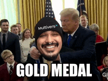 a man wearing a hat that says multivers on it is being hugged by donald trump