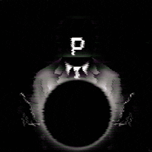 a black and white image of a person with the letter p on their head