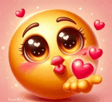 a smiley face is blowing a kiss with hearts coming out of it 's mouth .