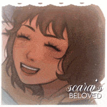 scara 's beloved shows a girl with her eyes closed smiling