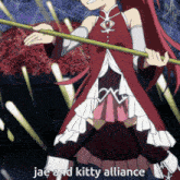 a girl in a red dress is holding a stick with the words jae and kitty alliance written below her
