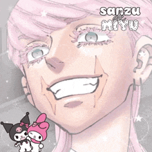 a drawing of a man with a pink hair and the words sanzu on top