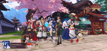 a group of people standing in front of a building with a sign that says samurai chronicles
