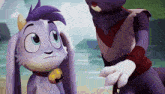 a purple cartoon character with a bell around his neck