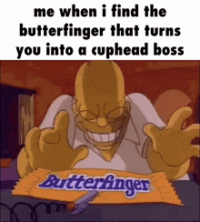 homer simpson is holding a candy bar that says butterfinger