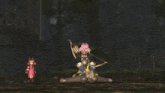 a video game character with pink hair is kneeling down with a bow and arrow