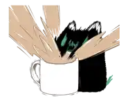 a black cat is being thrown into a cup of coffee
