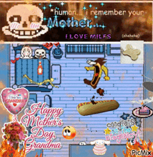 a happy mother 's day greeting card with a hot dog and a skeleton