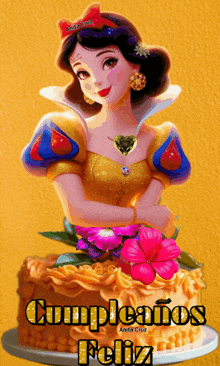 a picture of snow white with the words cumpleanos feliz on the cake