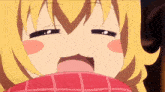 a close up of a girl with her mouth open