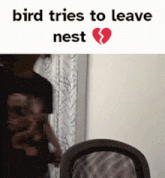 a bird tries to leave a nest with a broken heart in the background