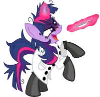 a cartoon pony with purple and pink hair is holding a pink object