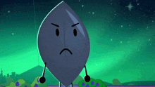 a cartoon character with a sad face is standing in front of a green sky