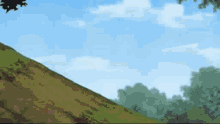 a cartoon drawing of a hill with trees on it and a blue sky .