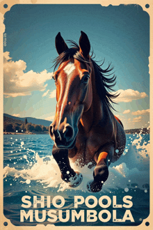 a poster of a horse running in the water with the words shio pools musumbola