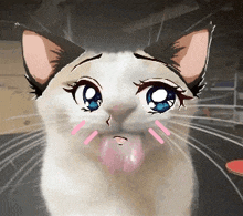 a close up of a cat 's face with cartoon eyes sticking its tongue out