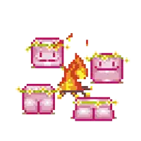 a pixel art illustration of a monster holding a sword next to a campfire .