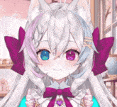 a close up of a girl with white hair and purple bows on her head .