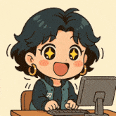a cartoon drawing of a girl using a computer with the letter a on her jacket