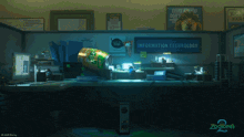 a blurred image of zootopia 2 with a person sitting at a desk