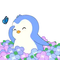 a blue and white penguin is standing in a pile of flowers looking at a butterfly
