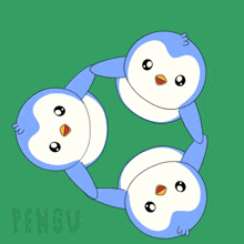 three blue and white penguins are holding hands in a circle with flowers in the background