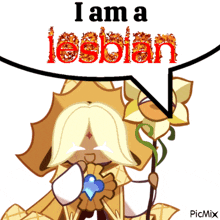 a cartoon character with a flower and the words i am a lesbian