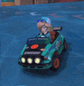 a video game character is driving a green car with the word swoop on the front