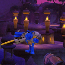 a cartoon character is laying down in a purple area with candles in the background