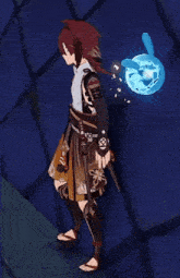 a cartoon character is standing in front of a blue ball with a bunny on it