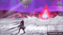 a pixelated image of a man standing in front of a purple and red background