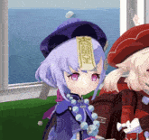 a girl with purple hair has a chinese symbol on her hat