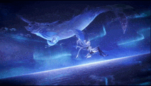 a painting of a woman standing next to a large blue whale