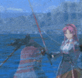 a girl with pink hair is holding a red fishing rod