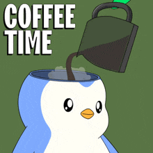 a penguin is pouring coffee into a cup that says coffee time on the bottom
