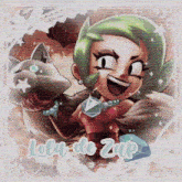 a drawing of a girl with green hair and the words lola de zap below her