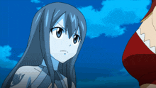 a blue haired anime girl stands next to a red and white anime girl