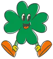 a cartoon drawing of a green clover with orange feet and a smiling face
