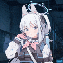 a girl with white hair and bunny ears is wearing a pink bow