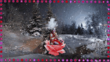 a painting of a woman sitting on a flower in a snowy forest