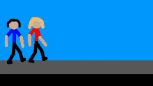 a cartoon of a man and a woman walking in front of a blue background