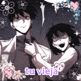 a man and a woman are hugging each other with the words tu vieja in the corner