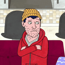 a cartoon of a man with a beard wearing a red hoodie and a yellow hat