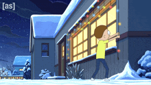 a cartoon of a person hanging christmas lights on a house
