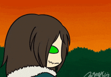 a drawing of a girl with a green eye and a sunset in the background with the letters mvs on the bottom right